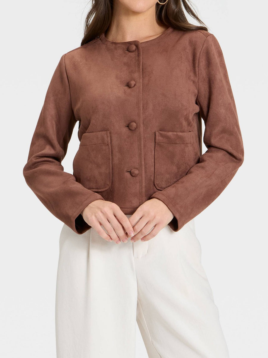 Faux Suede Front Patch Pockets Jacket