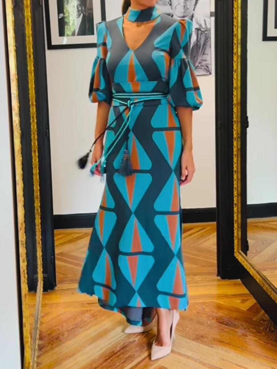 Printed V Neck Puff Sleeve Dress