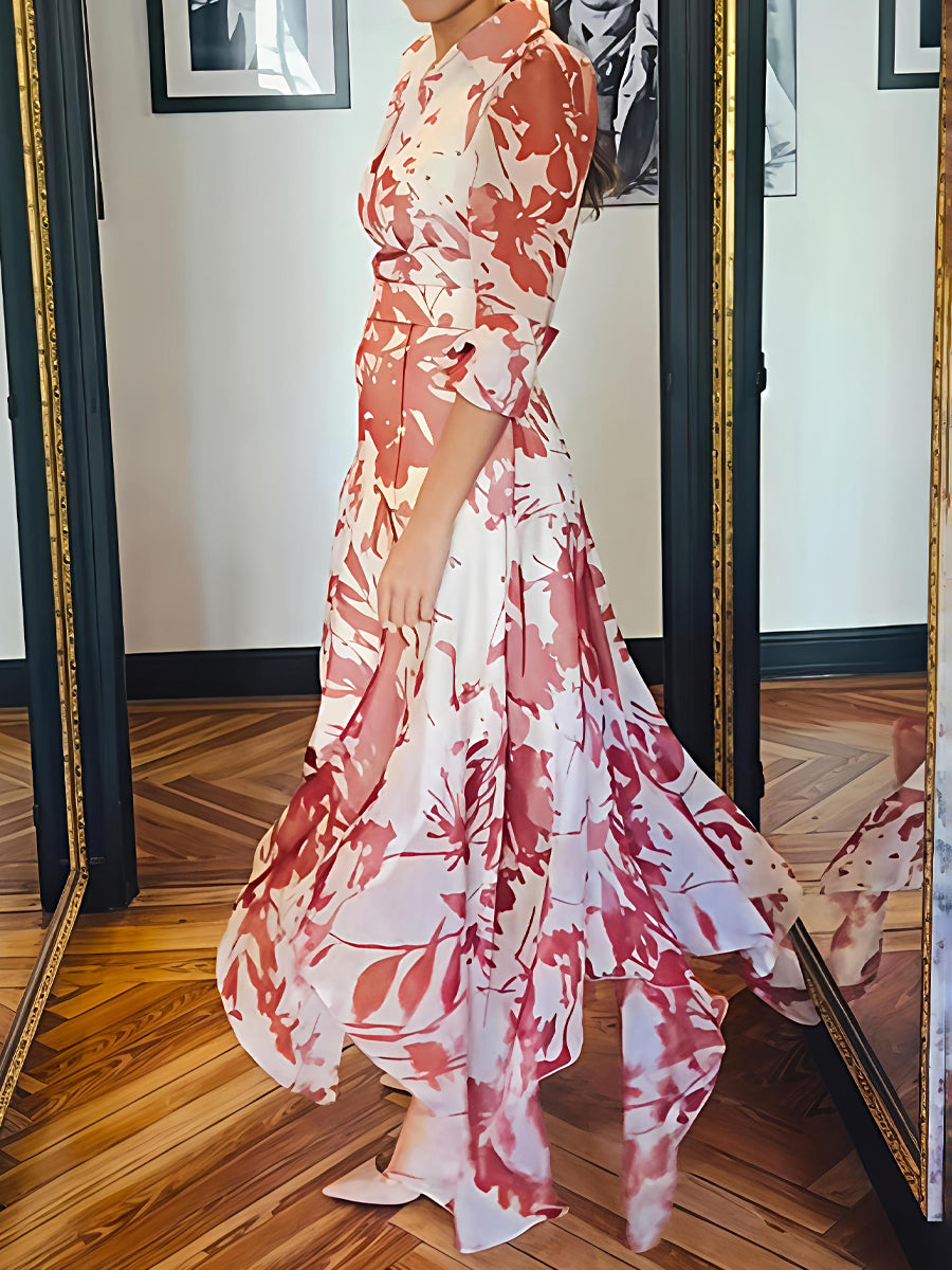 Irregular Hem Printed Belted Midi Dress