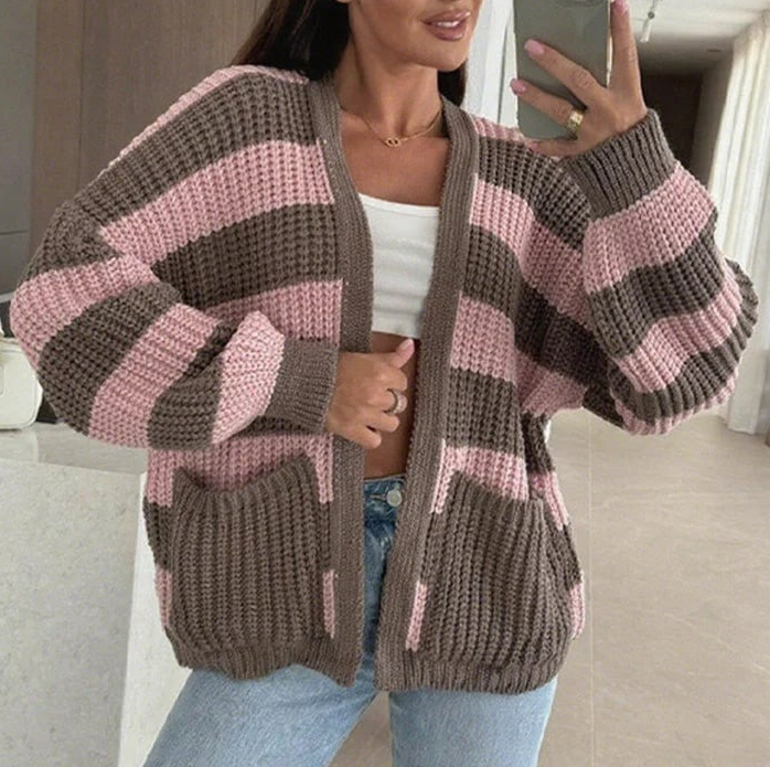 Women's Stylish Striped Open Front Sweater