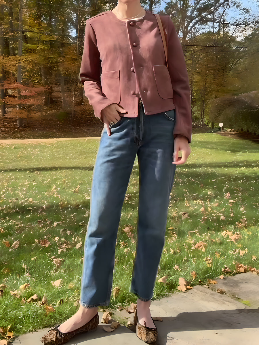 Faux Suede Front Patch Pockets Jacket