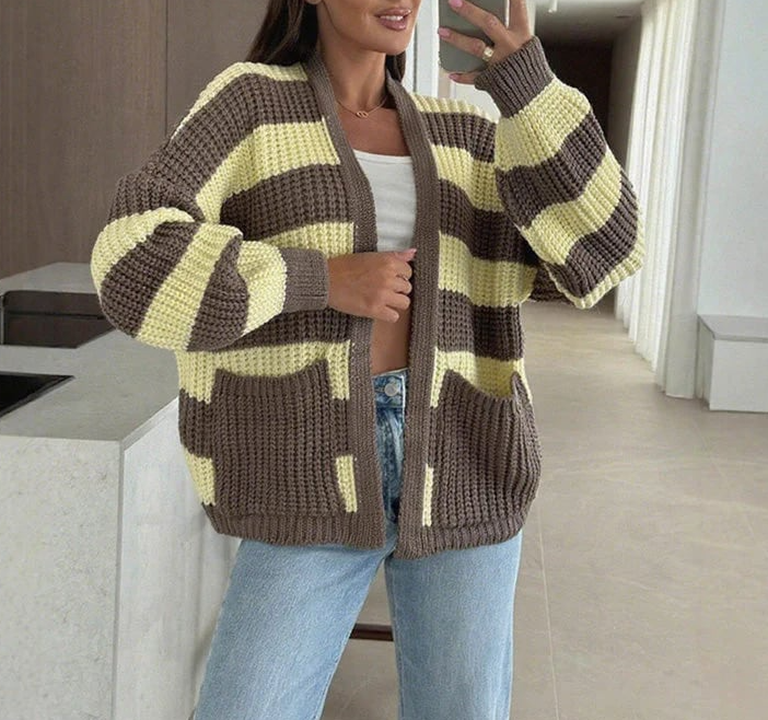 Women's Stylish Striped Open Front Sweater