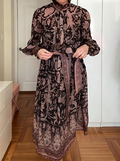 High Collar Floral-Print Balloon Sleeves Midi Dress