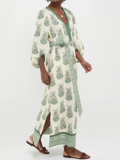 Printed V Neck Balloon Sleeves Dress
