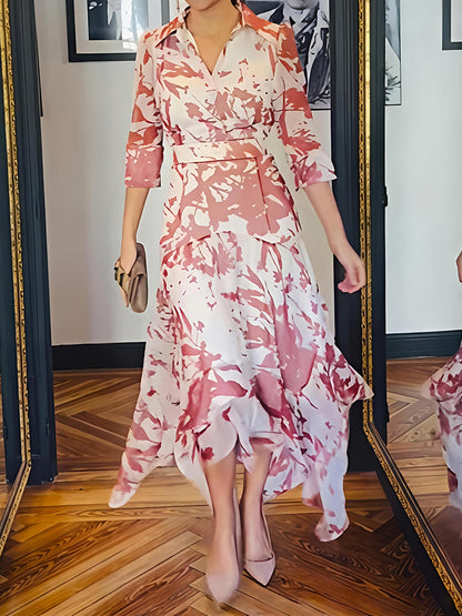 Irregular Hem Printed Belted Midi Dress