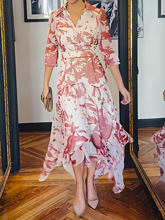 Irregular Hem Printed Belted Midi Dress