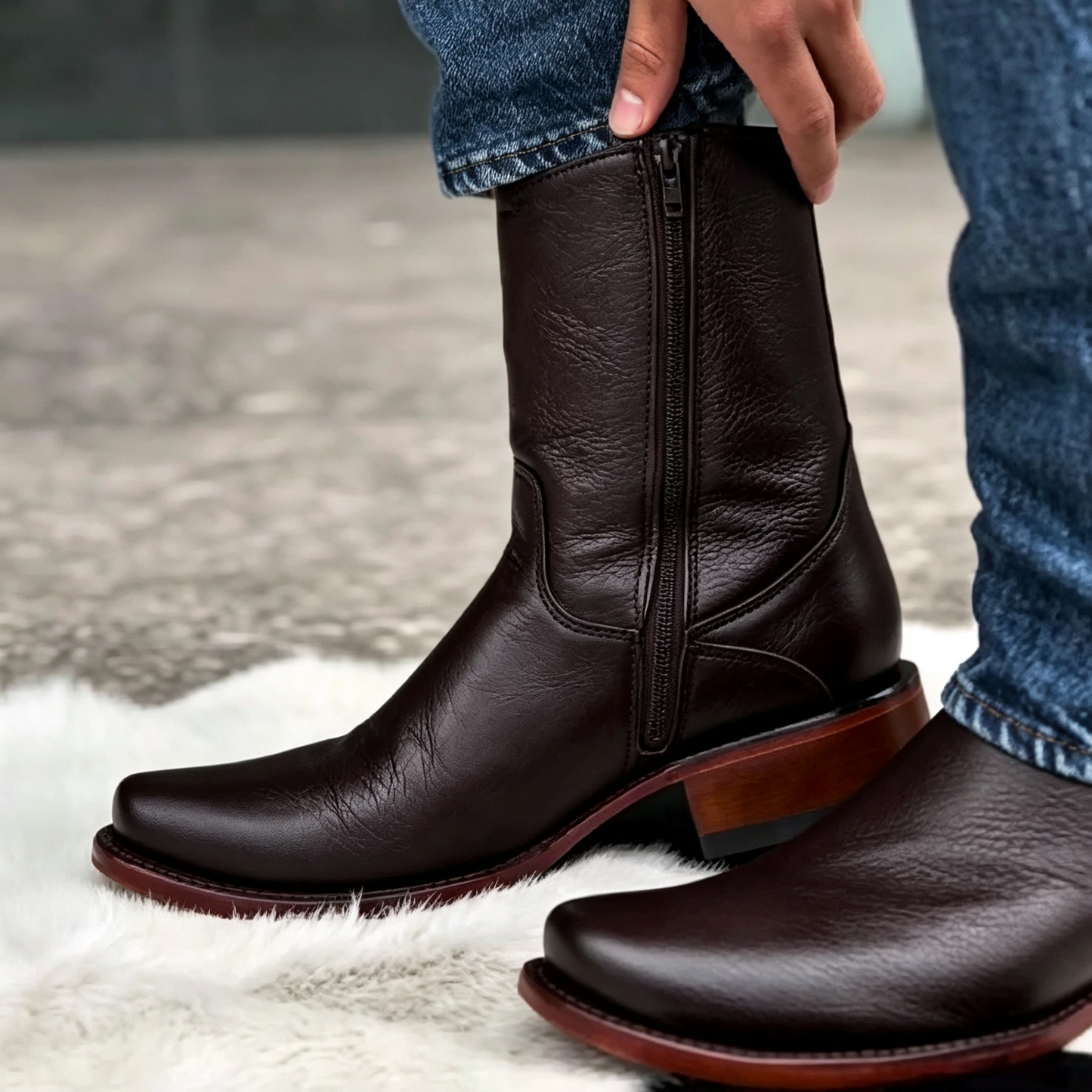 Stacked Wood Heel Zip Up Riding Boots