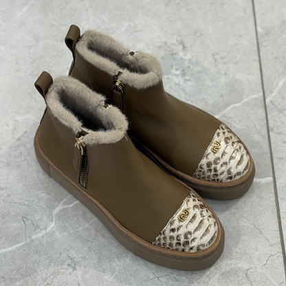 Leather Boots With Python-Print Toe And Fleece Lining