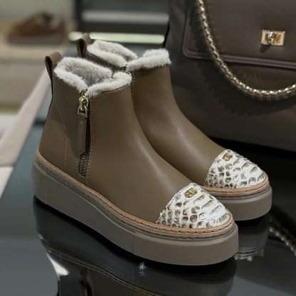 Leather Boots With Python-Print Toe And Fleece Lining