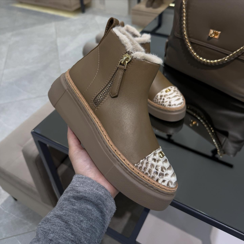 Leather Boots With Python-Print Toe And Fleece Lining