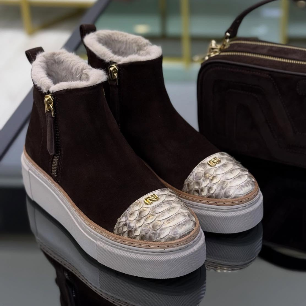 Leather Boots With Python-Print Toe And Fleece Lining