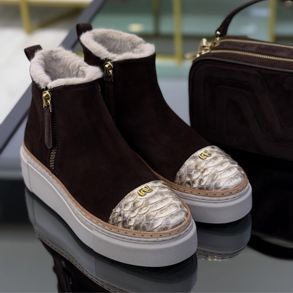 Leather Boots With Python-Print Toe And Fleece Lining