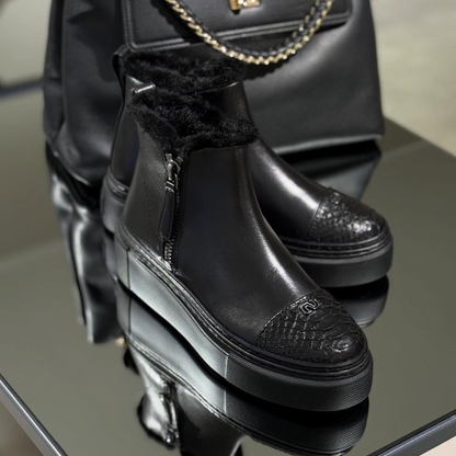 Leather Boots With Python-Print Toe And Fleece Lining