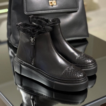 Leather Boots With Python-Print Toe And Fleece Lining