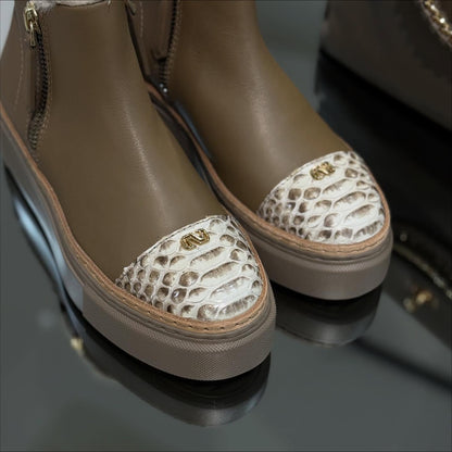 Leather Boots With Python-Print Toe And Fleece Lining