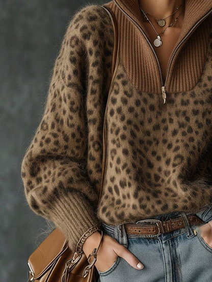 Luxury Leopard Print Zip Up Sweater