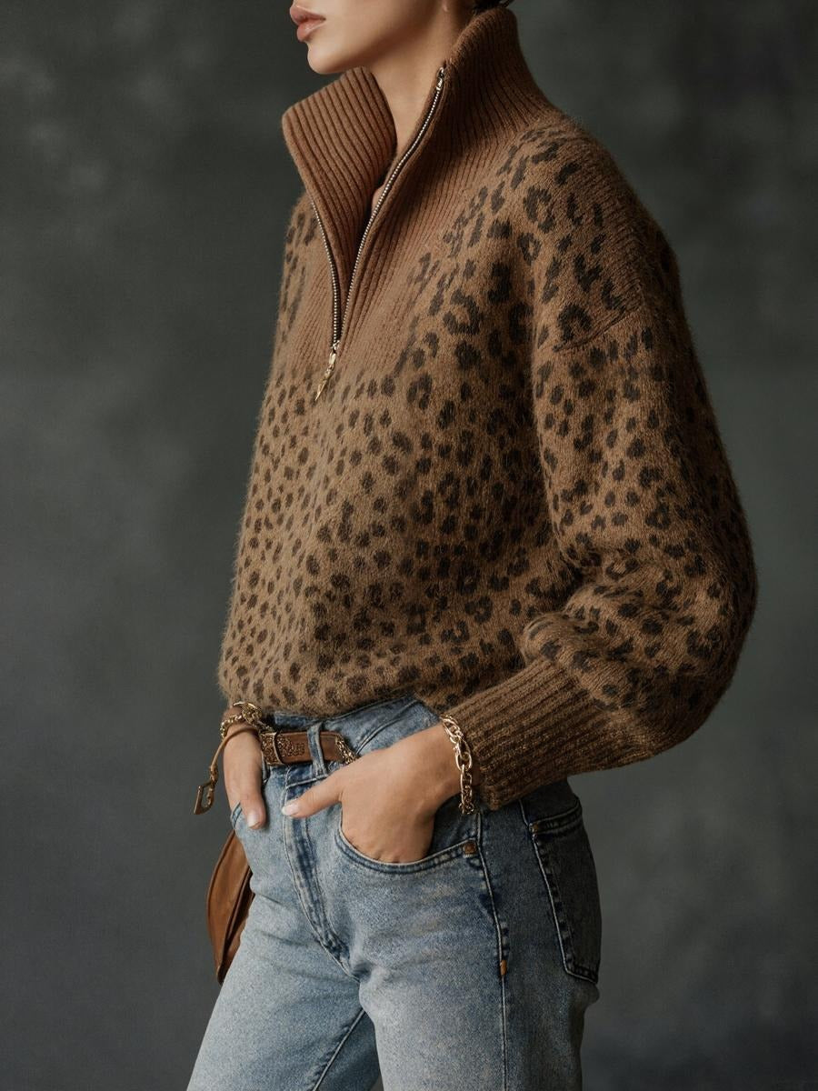 Luxury Leopard Print Zip Up Sweater