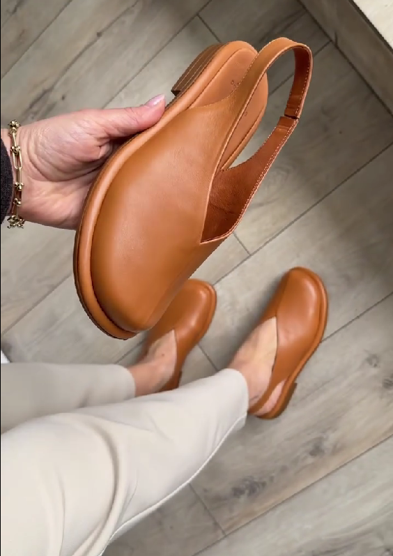 Tan Leather V-Cut Slingback Flats