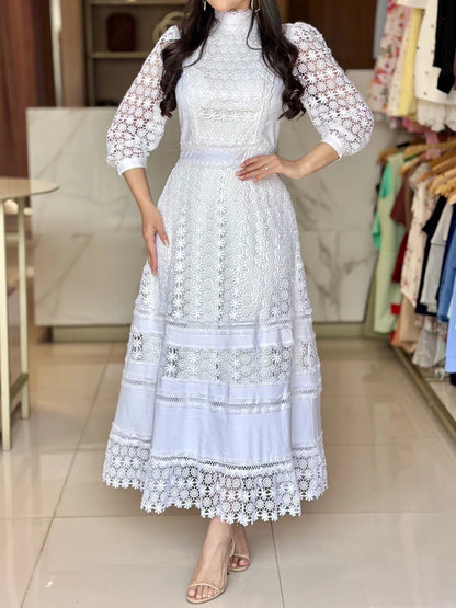 Embroidered Lace High Neck Elegant Dress
