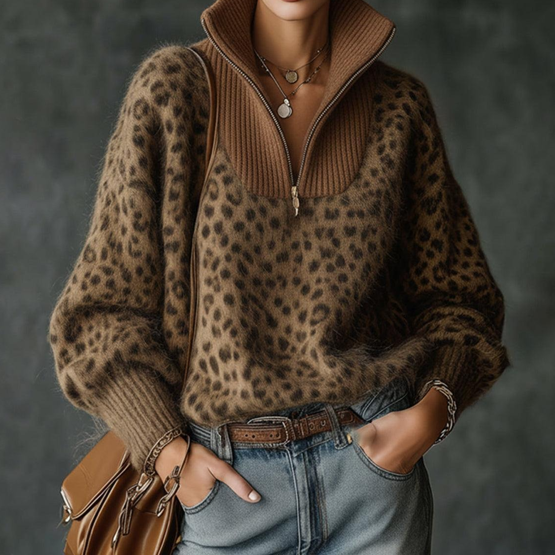 Luxury Leopard Print Zip Up Sweater
