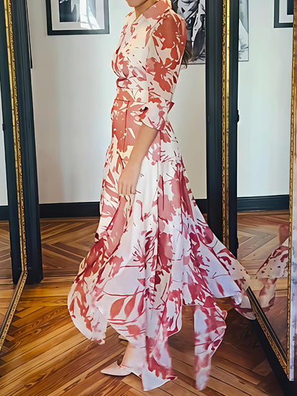 Irregular Hem Printed Belted Midi Dress