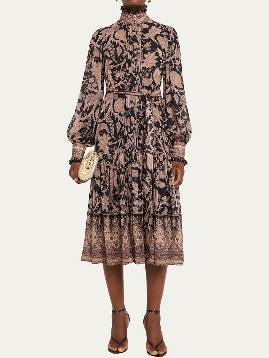 High Collar Floral-Print Balloon Sleeves Midi Dress