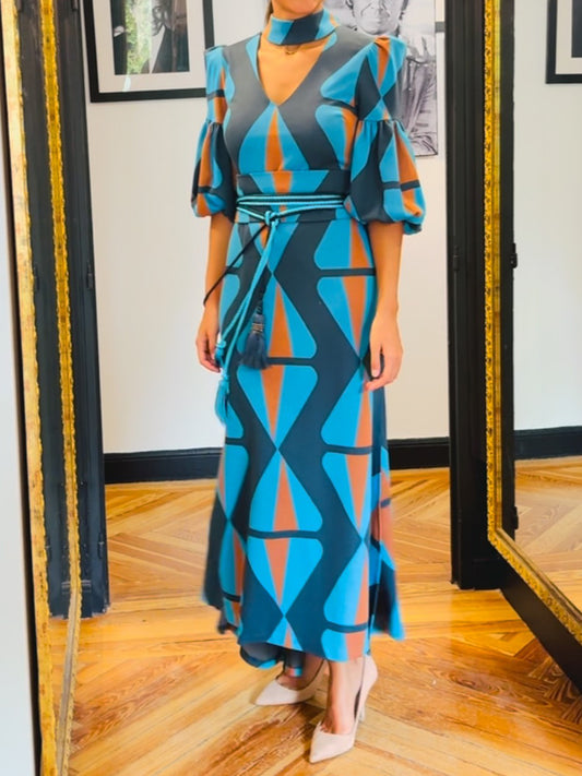 Printed V Neck Puff Sleeve Dress