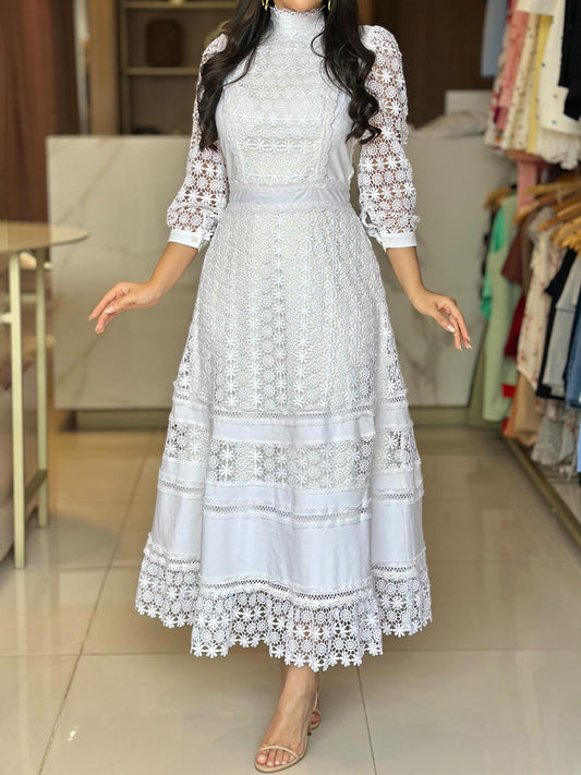 Embroidered Lace High Neck Elegant Dress
