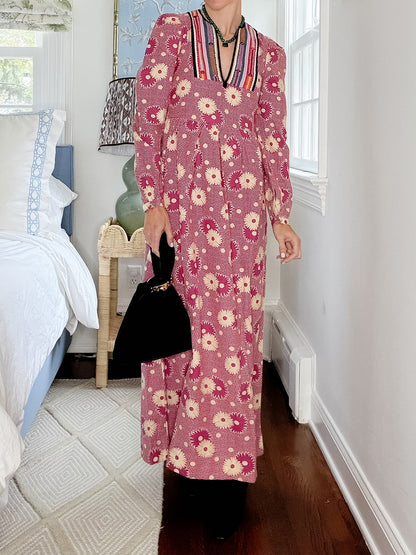 Floral Print V-neck Striped Trim Maxi Dress