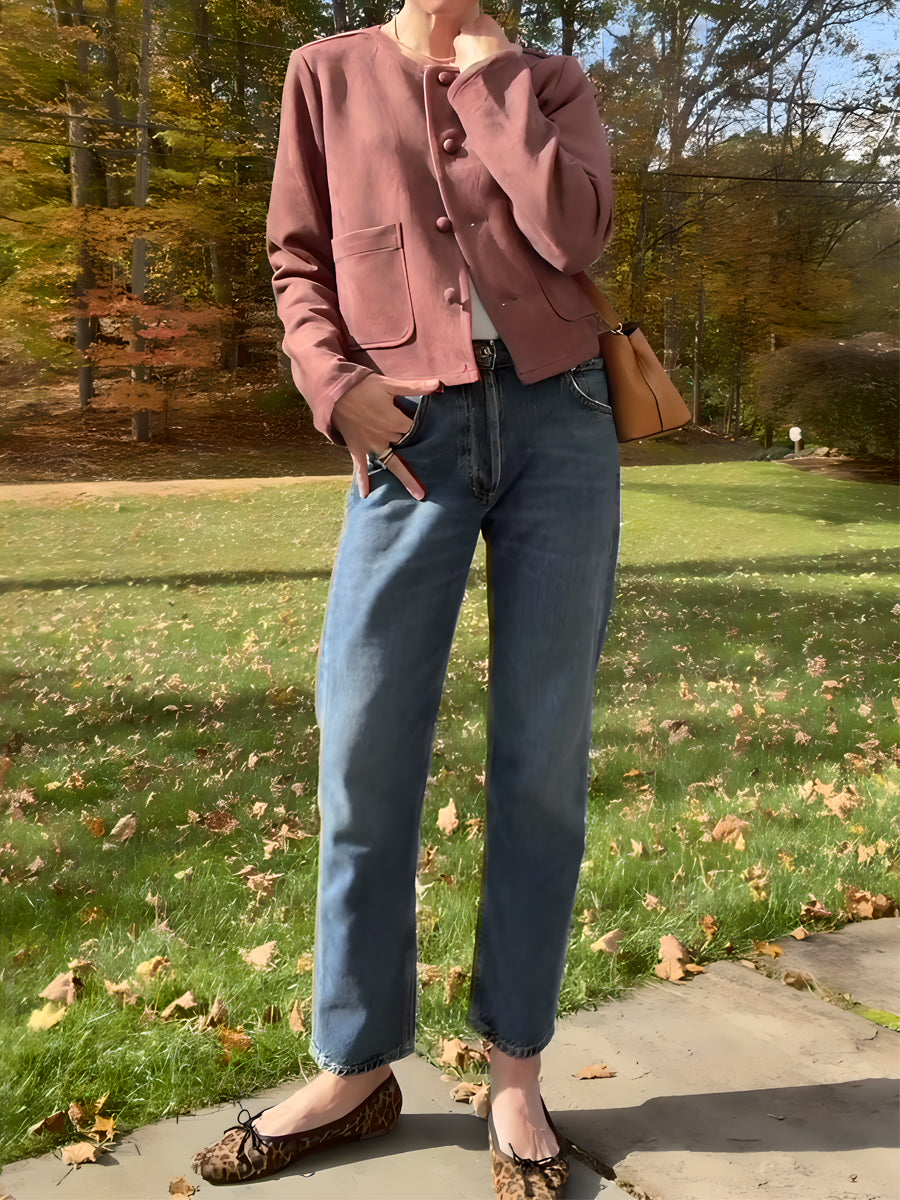 Faux Suede Front Patch Pockets Jacket