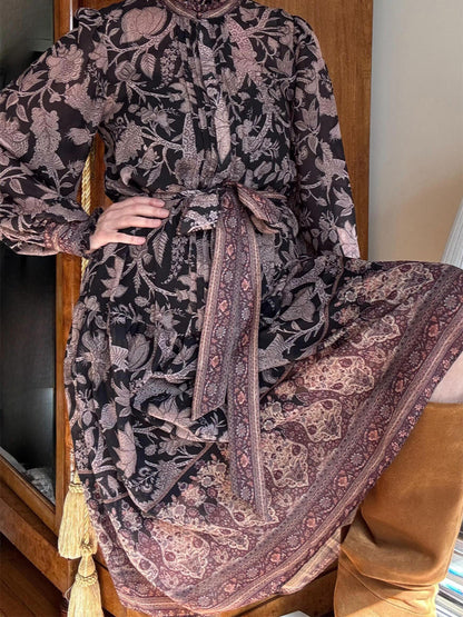 High Collar Floral-Print Balloon Sleeves Midi Dress