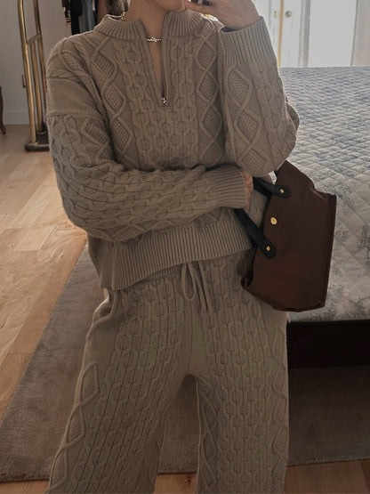 Half-zip Neck Cable Knit Sweater Two Pieces Set