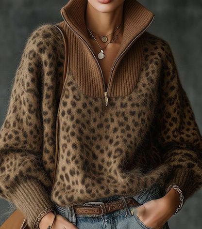 Luxury Leopard Print Zip Up Sweater