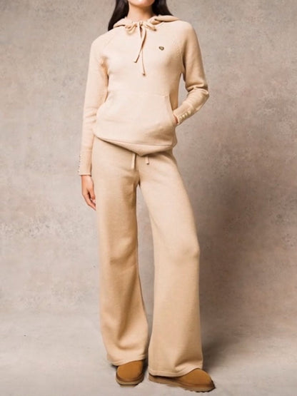 Knitted Button Hooded Collar Two Pieces Set